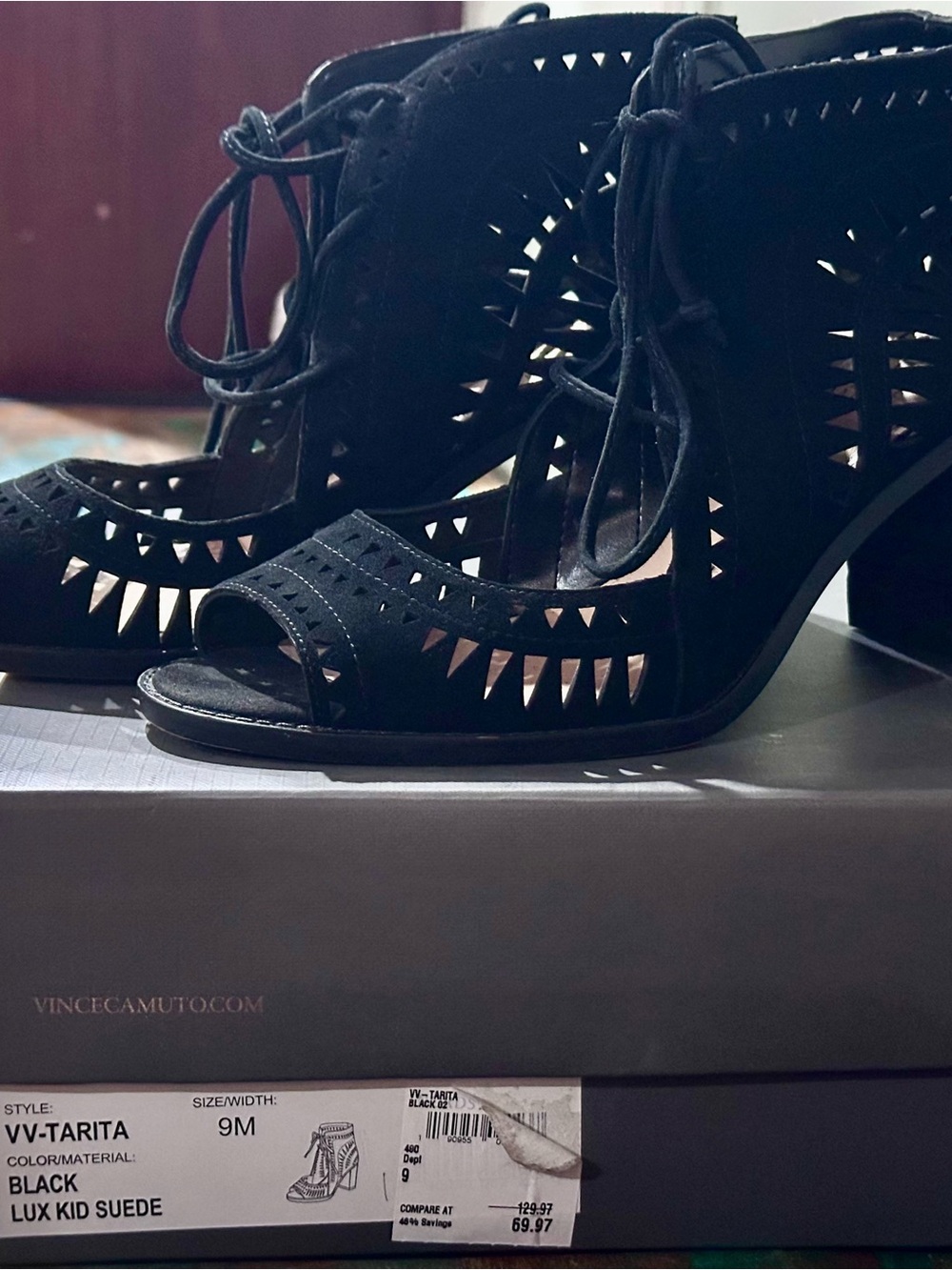 Vince Camuto Black Laser-Cut Suede Lace-Up Peep Toe Block Heel
